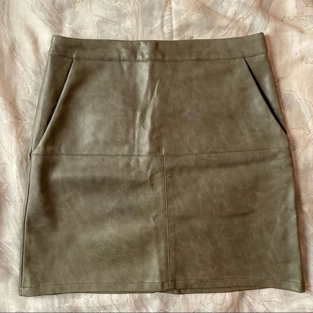 Olive leather mini skirt